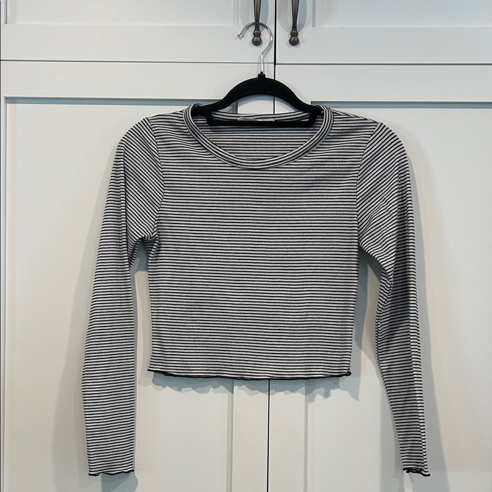 Caution To The Wind Black and White Striped Long Sleeve Crop Top